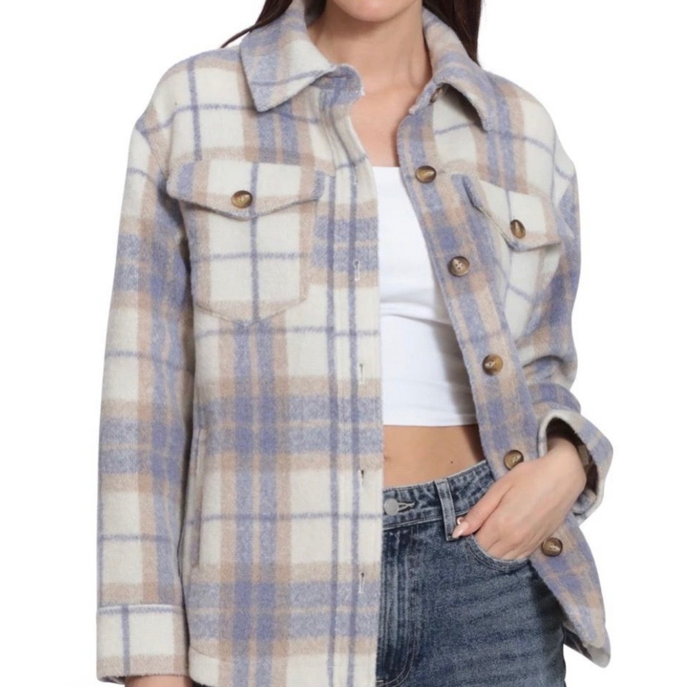 AVEC LES FILLES Relaxed Fit Lavender Beige Plaid Shacket‎ Women's Large NWOT